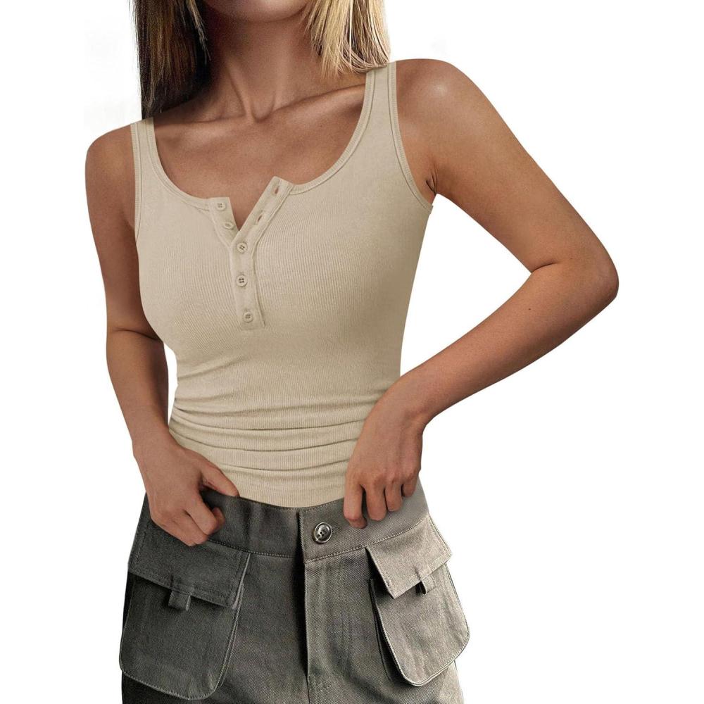imagePRETTYGARDEN Womens 2026 Summer Tank Tops Ribbed Knit Slim Fit Sleeveless Henley Shirts Casual Basic Button Up BlouseApricot