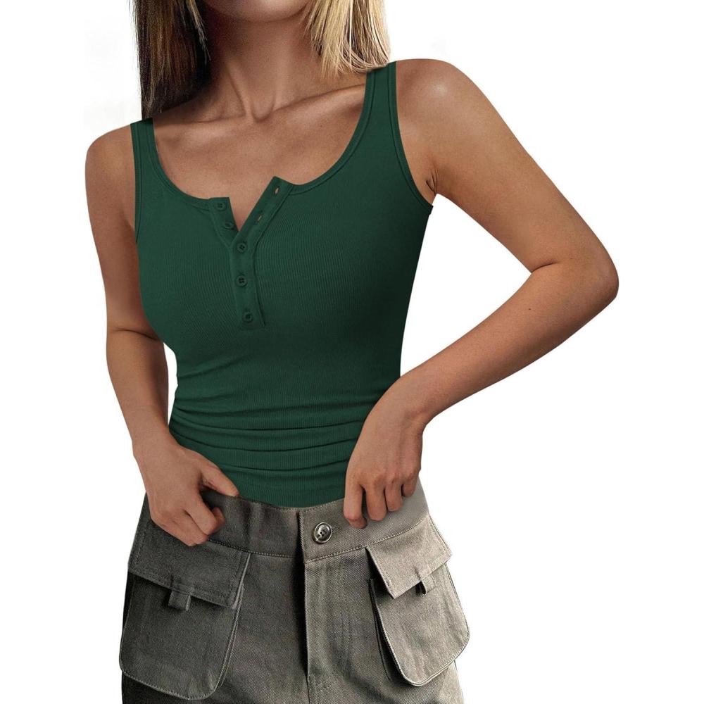 imagePRETTYGARDEN Womens 2026 Summer Tank Tops Ribbed Knit Slim Fit Sleeveless Henley Shirts Casual Basic Button Up BlouseDark Green