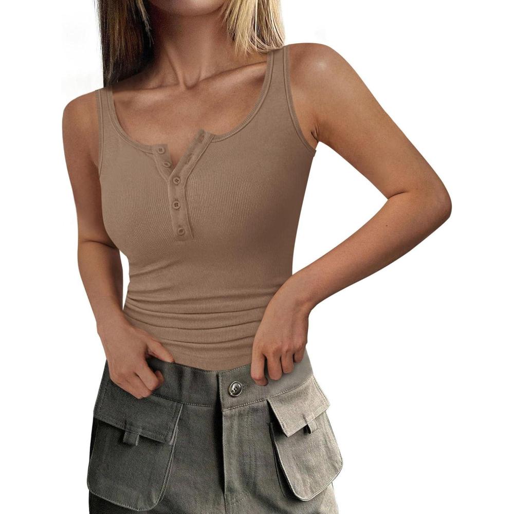 imagePRETTYGARDEN Womens 2026 Summer Tank Tops Ribbed Knit Slim Fit Sleeveless Henley Shirts Casual Basic Button Up BlouseKhaki