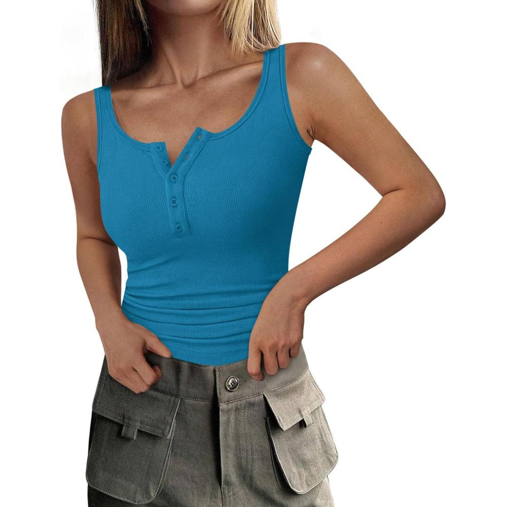 imagePRETTYGARDEN Womens 2026 Summer Tank Tops Ribbed Knit Slim Fit Sleeveless Henley Shirts Casual Basic Button Up BlouseLake Blue