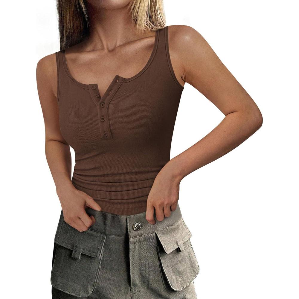 imagePRETTYGARDEN Womens 2026 Summer Tank Tops Ribbed Knit Slim Fit Sleeveless Henley Shirts Casual Basic Button Up BlouseLight Brown