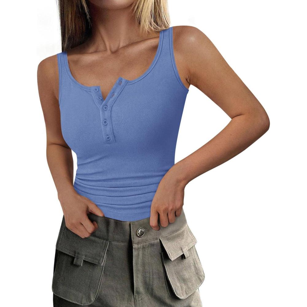 imagePRETTYGARDEN Womens 2026 Summer Tank Tops Ribbed Knit Slim Fit Sleeveless Henley Shirts Casual Basic Button Up BlouseLight Purple