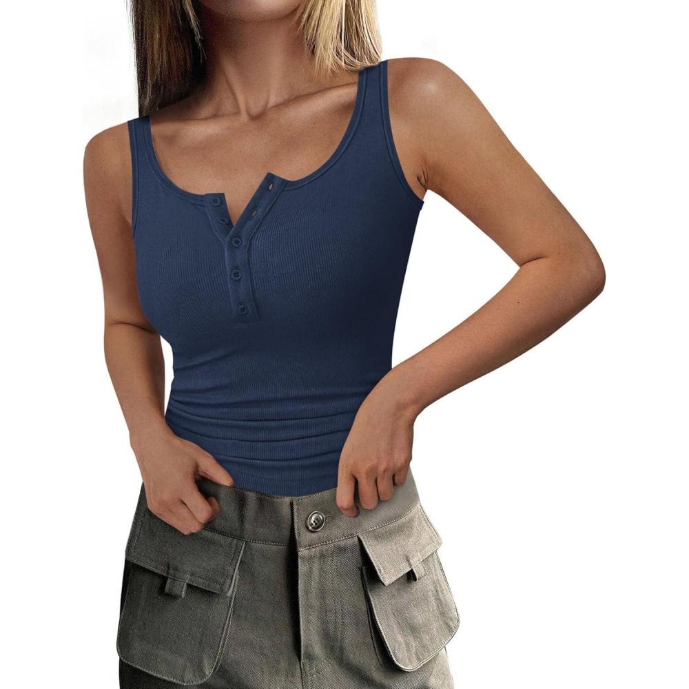 imagePRETTYGARDEN Womens 2026 Summer Tank Tops Ribbed Knit Slim Fit Sleeveless Henley Shirts Casual Basic Button Up BlouseNavy