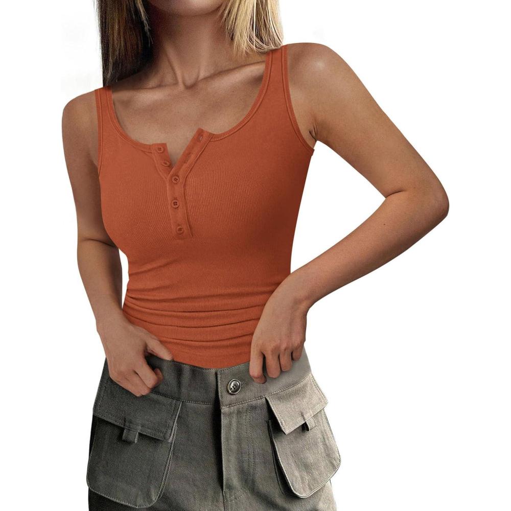 imagePRETTYGARDEN Womens 2026 Summer Tank Tops Ribbed Knit Slim Fit Sleeveless Henley Shirts Casual Basic Button Up BlouseOrange Red