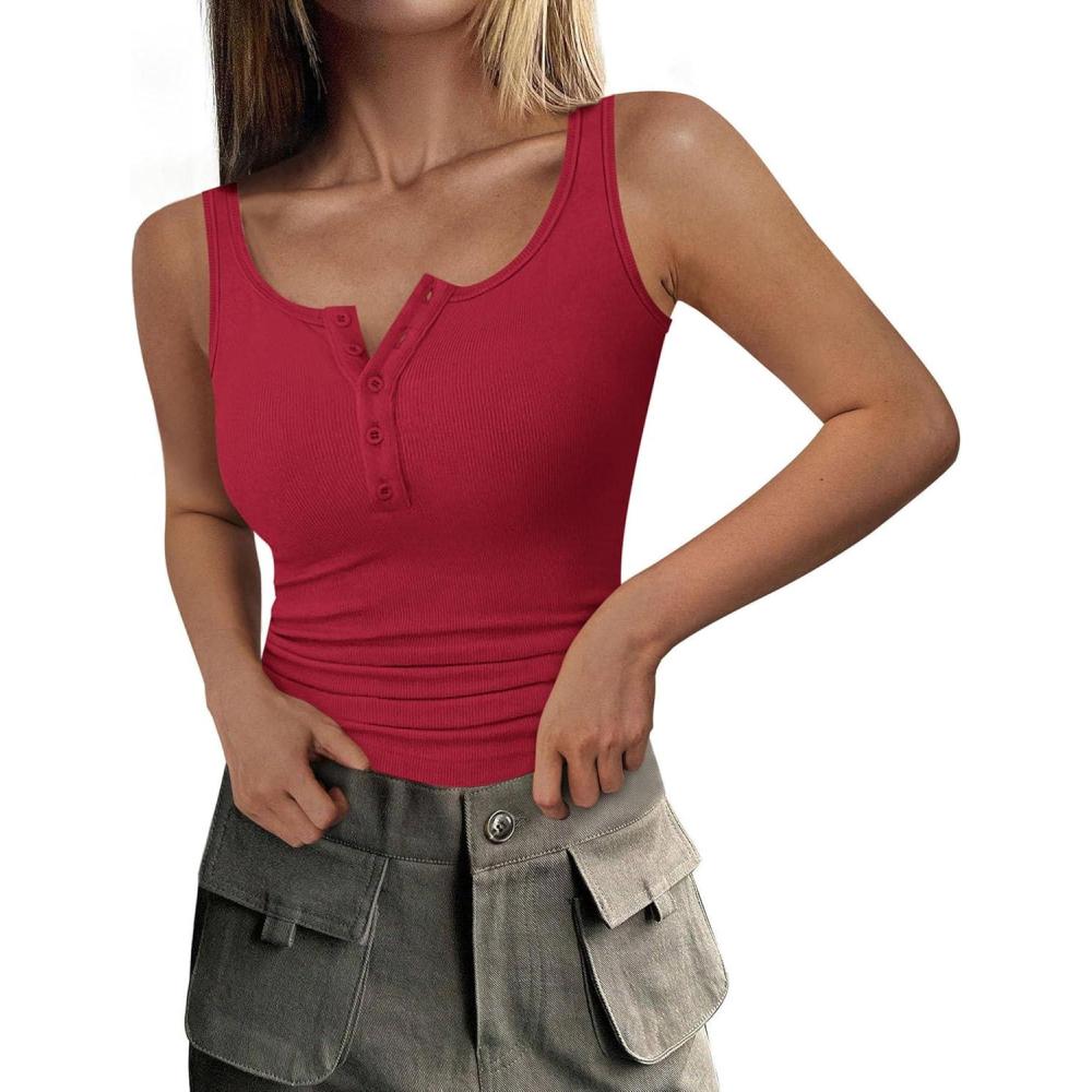 imagePRETTYGARDEN Womens 2026 Summer Tank Tops Ribbed Knit Slim Fit Sleeveless Henley Shirts Casual Basic Button Up BlouseRed