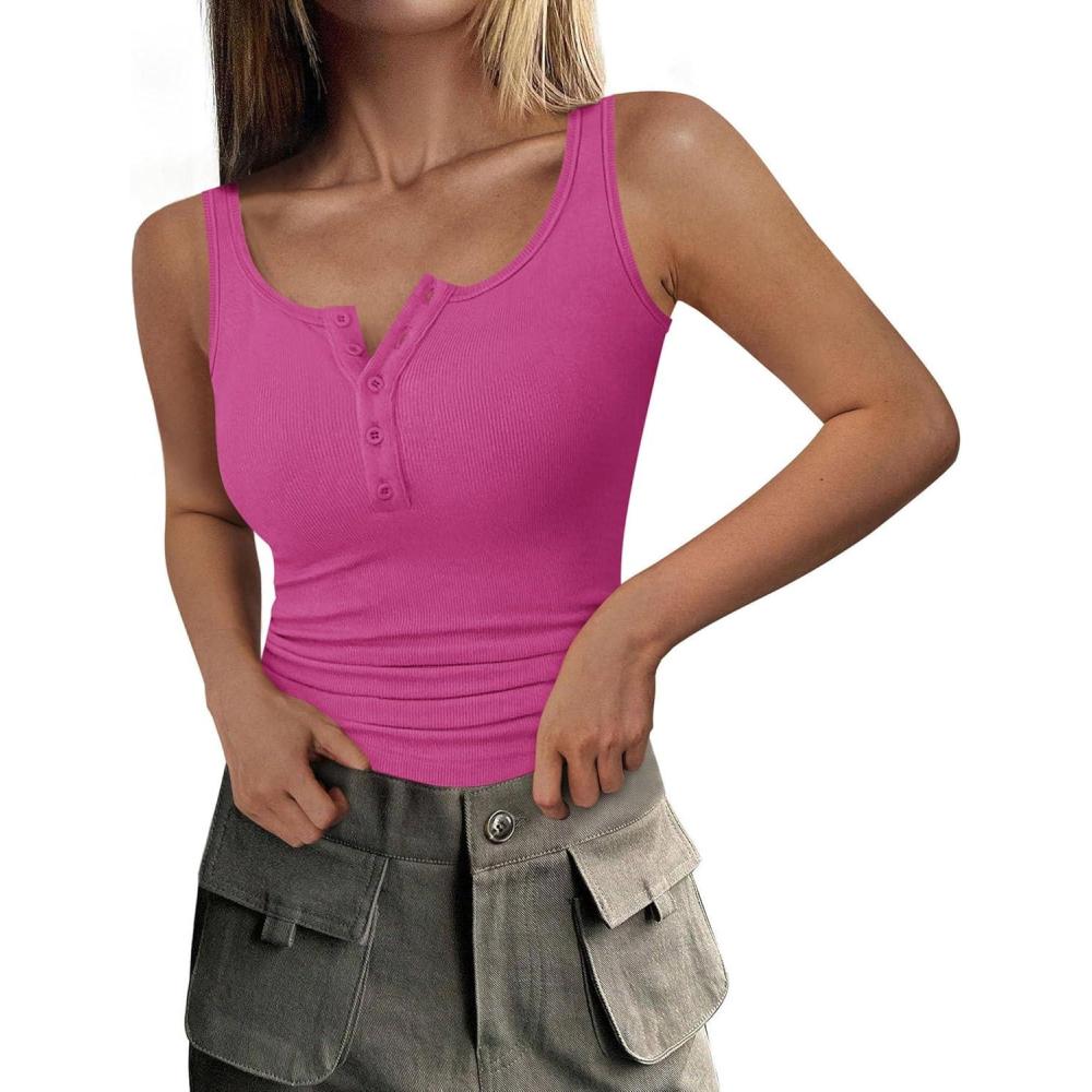 imagePRETTYGARDEN Womens 2026 Summer Tank Tops Ribbed Knit Slim Fit Sleeveless Henley Shirts Casual Basic Button Up BlouseRose Red