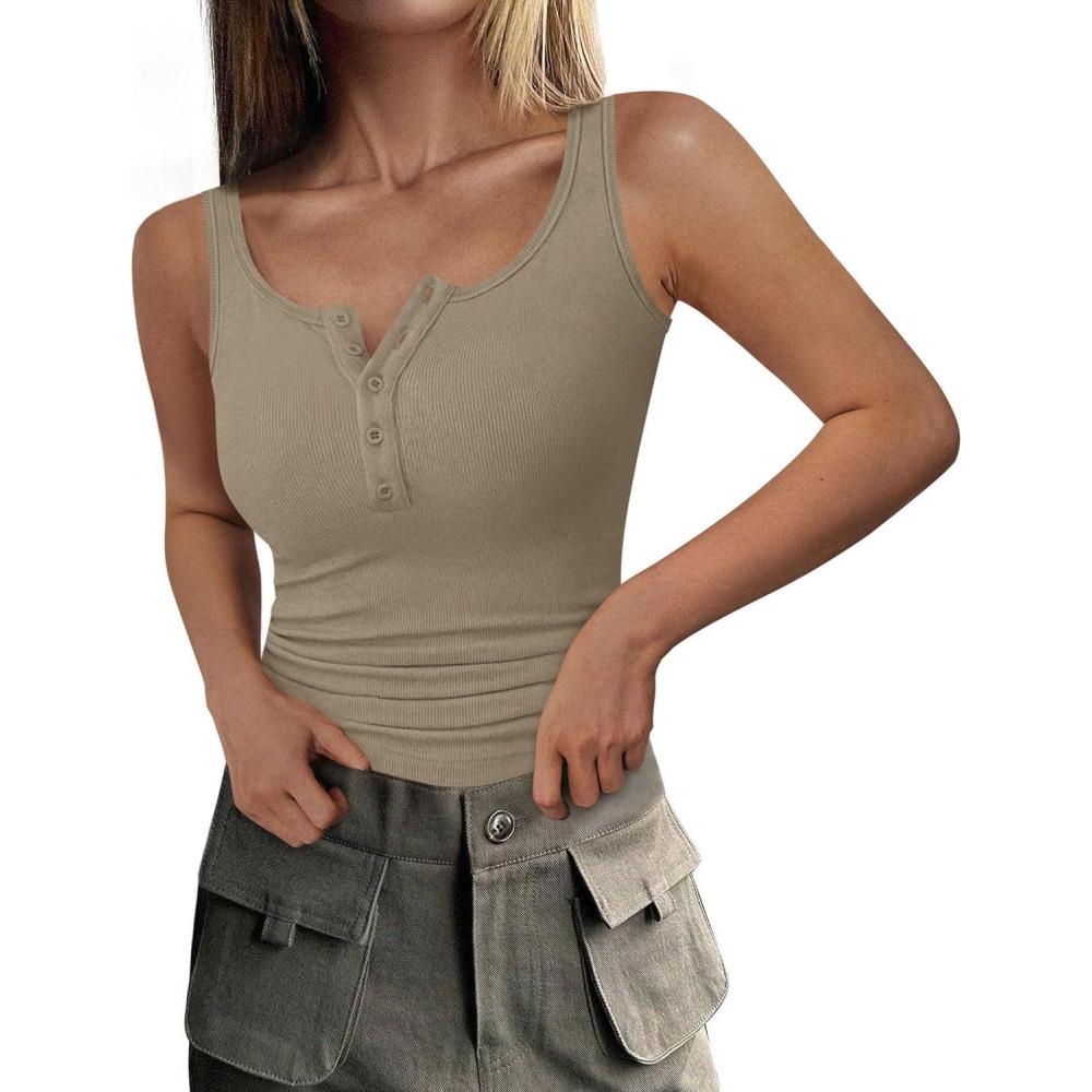 imagePRETTYGARDEN Womens 2026 Summer Tank Tops Ribbed Knit Slim Fit Sleeveless Henley Shirts Casual Basic Button Up BlouseSage Green