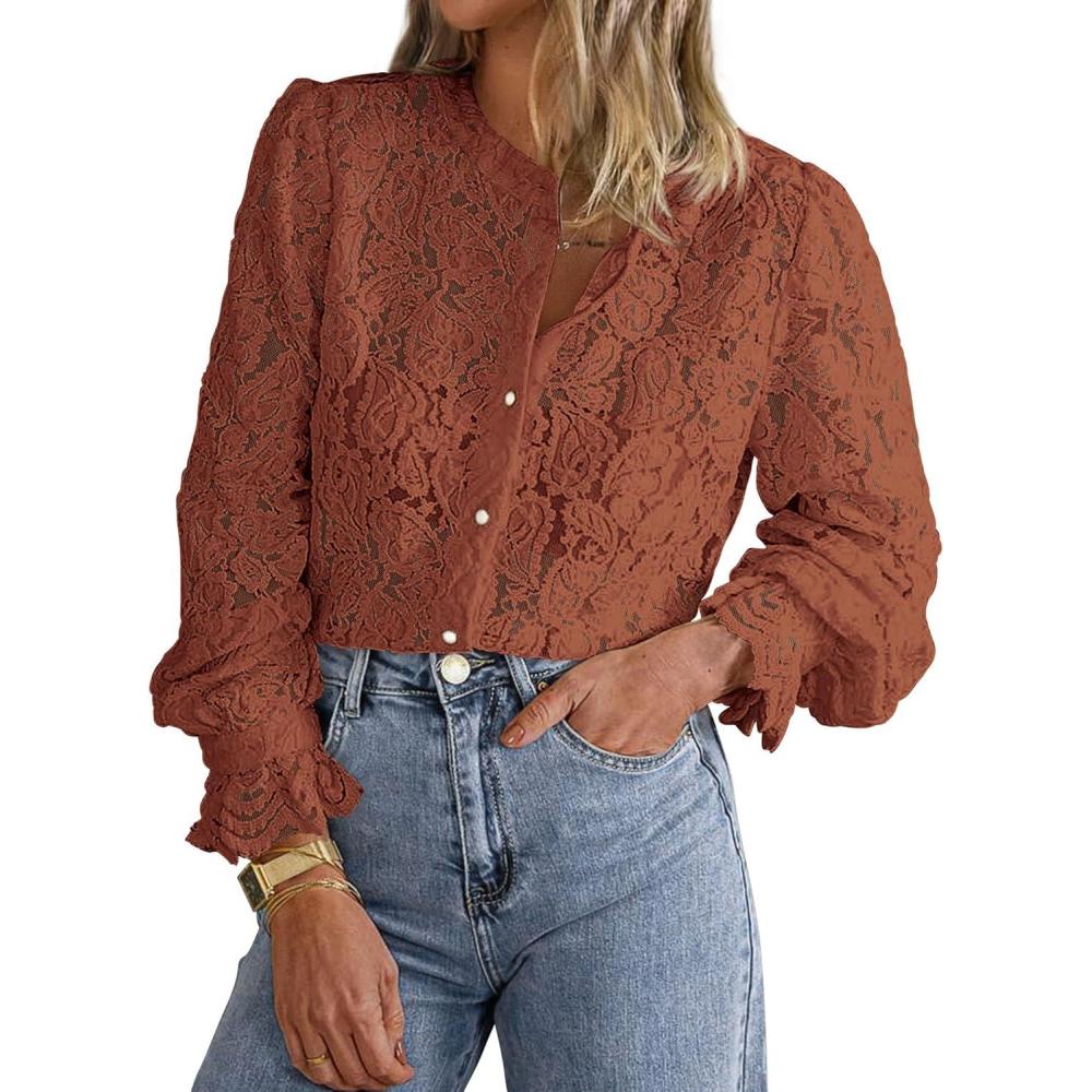 imagePRETTYGARDEN Womens Dressy Casual Lace Blouse Long Sleeve Button Up Shirts Tops Spring Fall Fashion ClothesBrick Red