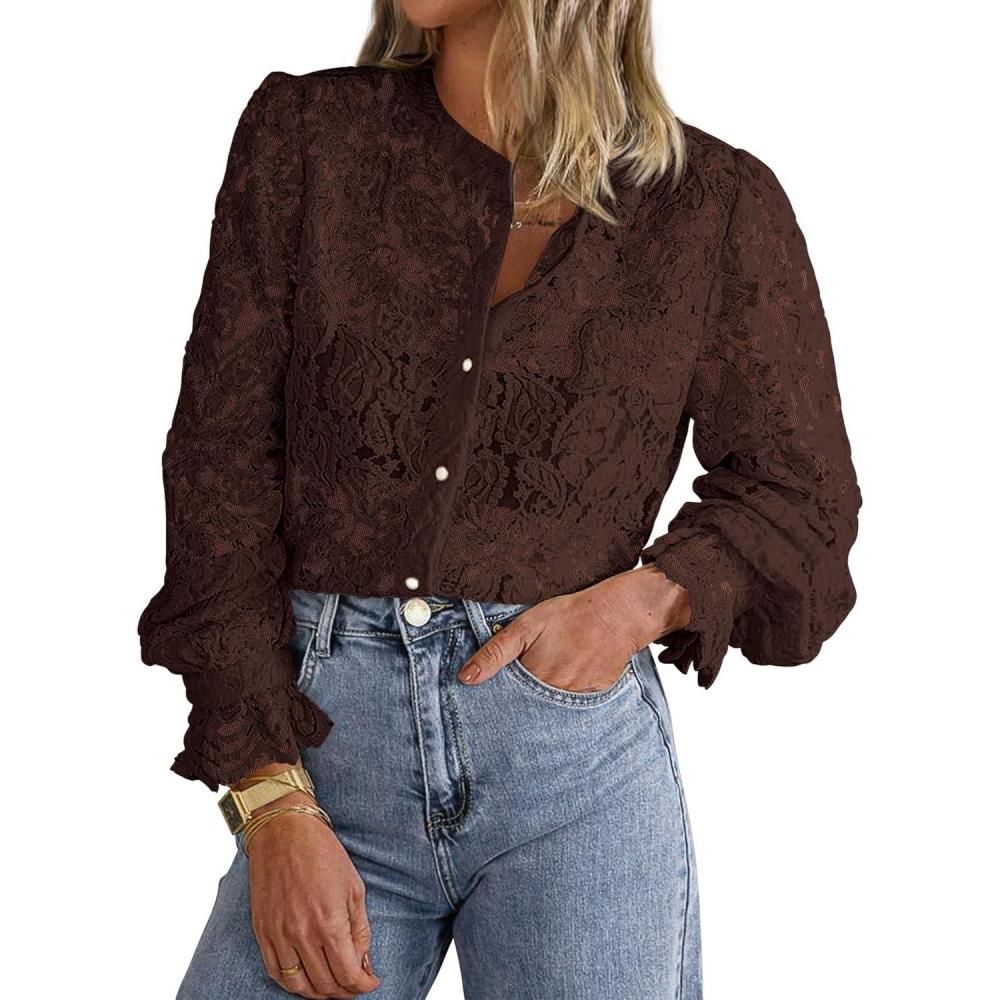 imagePRETTYGARDEN Womens Dressy Casual Lace Blouse Long Sleeve Button Up Shirts Tops Spring Fall Fashion ClothesCoffee