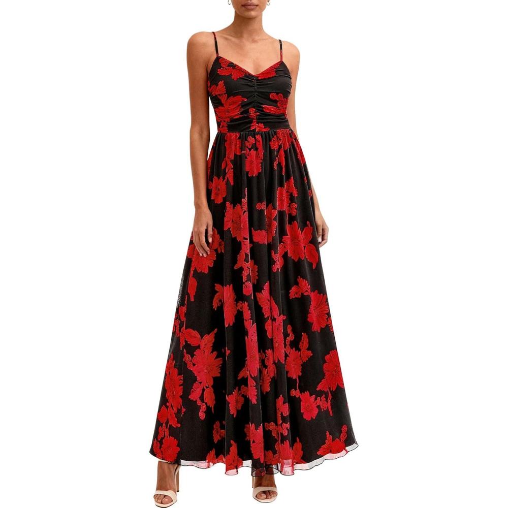 imagePRETTYGARDEN Womens Floral Maxi Dress Summer Outfits 2026 Spaghetti Strap Flowy Long Sundress Beach Vacation Boho DressesBlack Red Flower