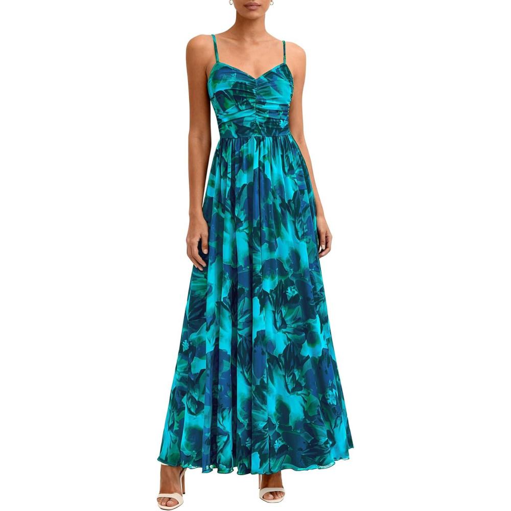 imagePRETTYGARDEN Womens Floral Maxi Dress Summer Outfits 2026 Spaghetti Strap Flowy Long Sundress Beach Vacation Boho DressesLake Blue Floral