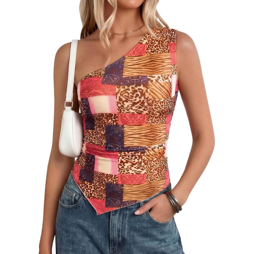 imagePRETTYGARDEN Womens Floral Mesh Tops 2026 Summer Asymmetrical One Shoulder Sleeveless Ruched Shirts Spring Going Out ClothesKhaki Leopard
