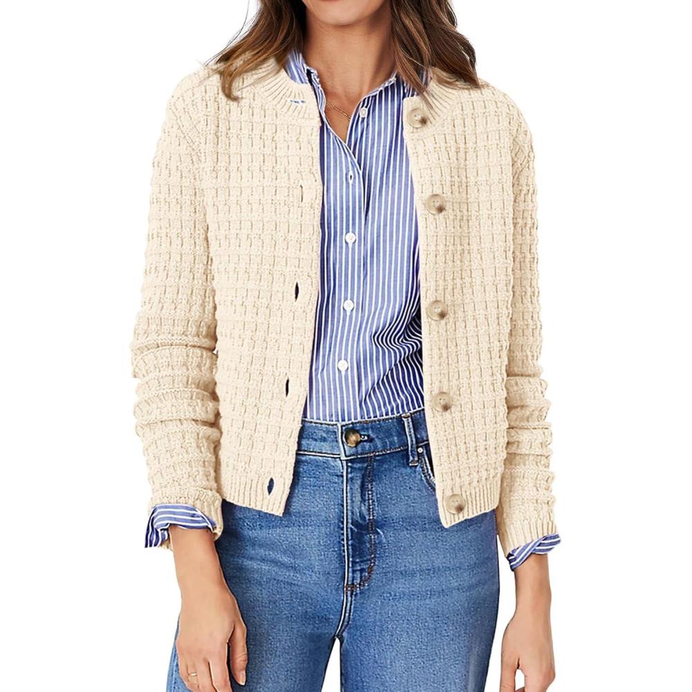 imagePRETTYGARDEN Womens Knit Cardigan Sweaters Casual Long Sleeve Open Front Button Down Trendy Jackets OuterwearBeige