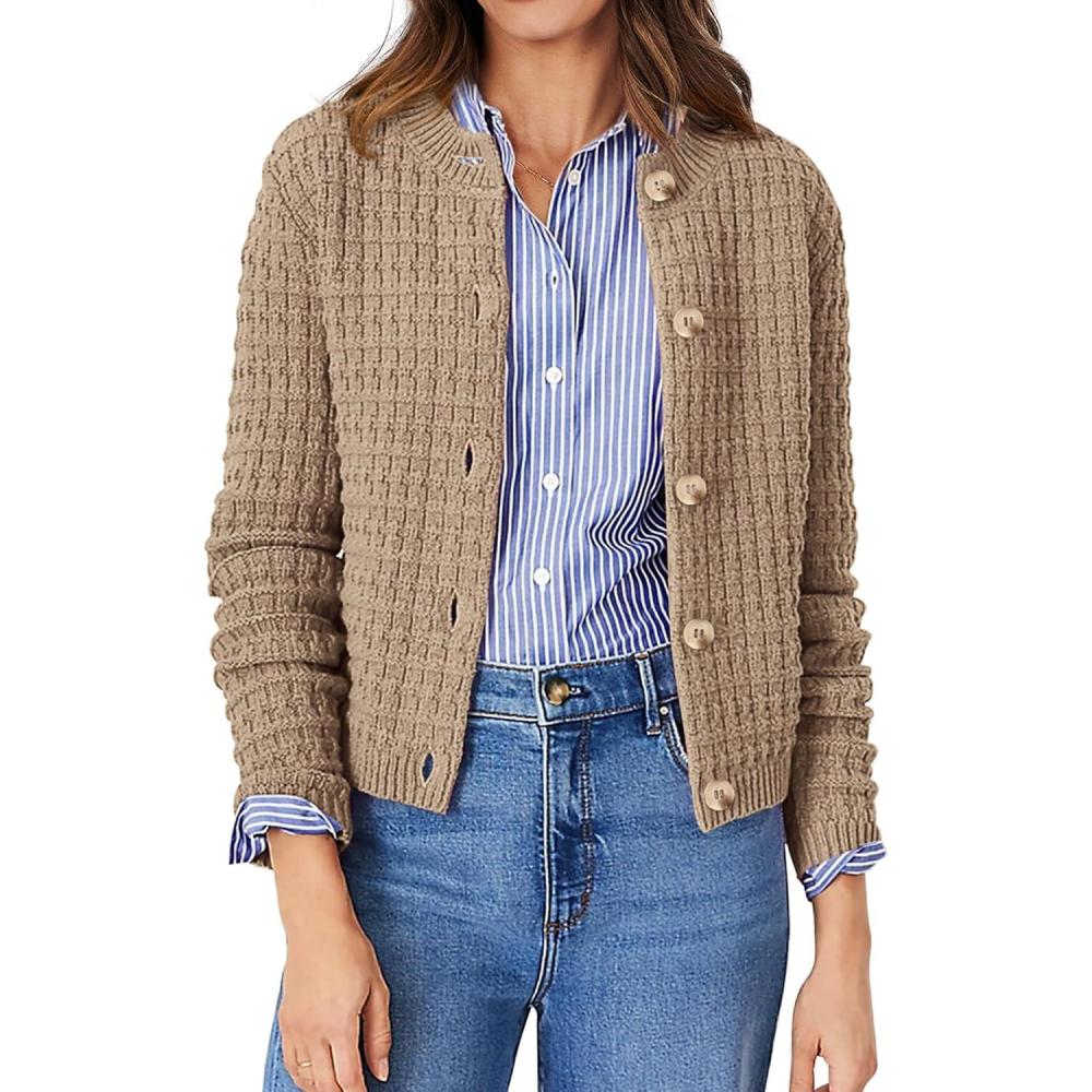 imagePRETTYGARDEN Womens Knit Cardigan Sweaters Casual Long Sleeve Open Front Button Down Trendy Jackets OuterwearCamel