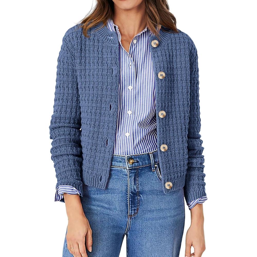 imagePRETTYGARDEN Womens Knit Cardigan Sweaters Casual Long Sleeve Open Front Button Down Trendy Jackets OuterwearGrey Blue