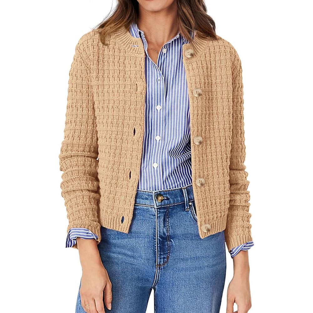 imagePRETTYGARDEN Womens Knit Cardigan Sweaters Casual Long Sleeve Open Front Button Down Trendy Jackets OuterwearKhaki