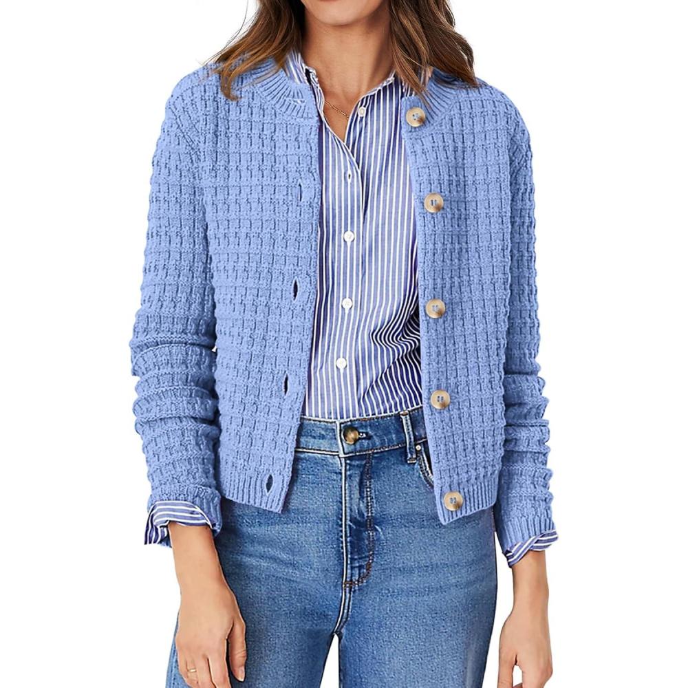 imagePRETTYGARDEN Womens Knit Cardigan Sweaters Casual Long Sleeve Open Front Button Down Trendy Jackets OuterwearLight Blue