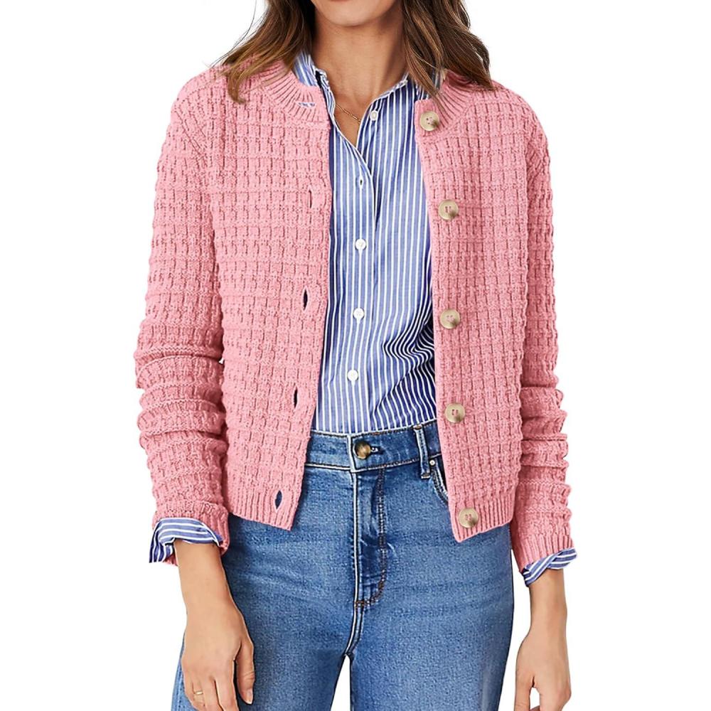 imagePRETTYGARDEN Womens Knit Cardigan Sweaters Casual Long Sleeve Open Front Button Down Trendy Jackets OuterwearPink