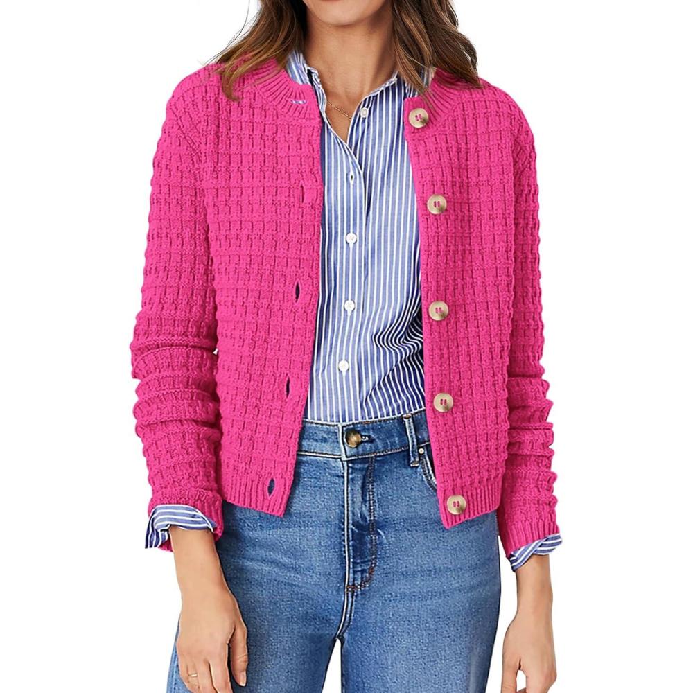 imagePRETTYGARDEN Womens Knit Cardigan Sweaters Casual Long Sleeve Open Front Button Down Trendy Jackets OuterwearRose Red