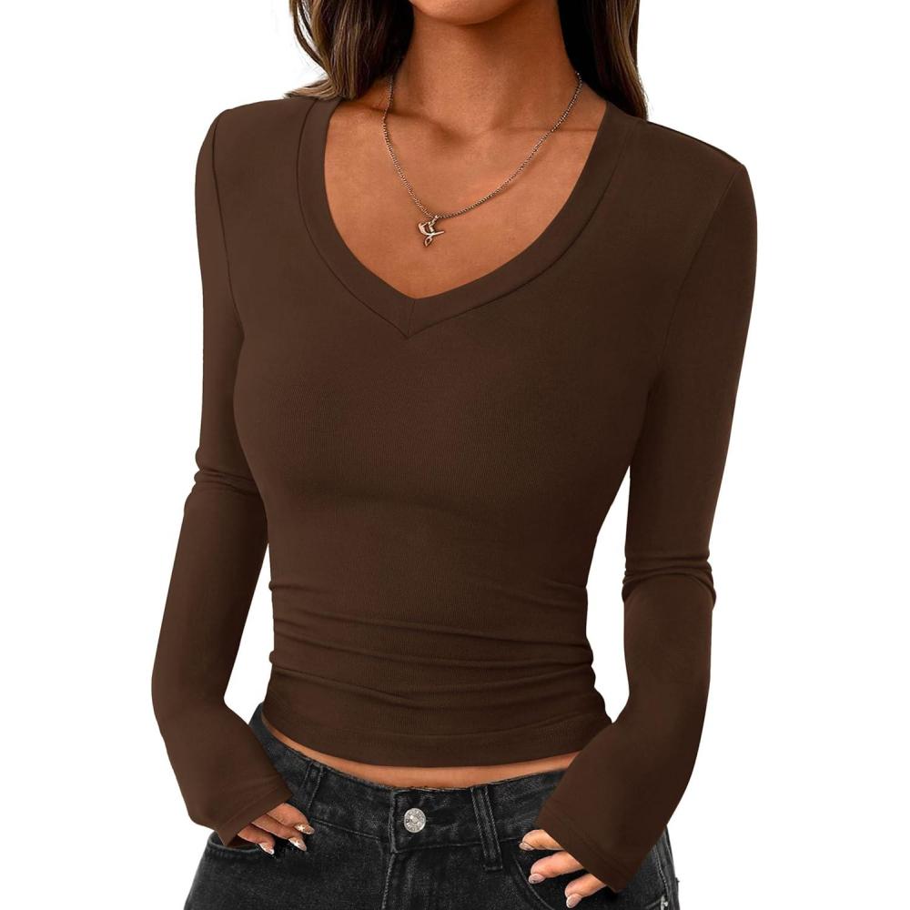 imagePRETTYGARDEN Womens Long Sleeve T Shirts 2025 Fall Trendy Deep V Neck Slim Fit Basic Crop Tops Casual Going Out TopBrown
