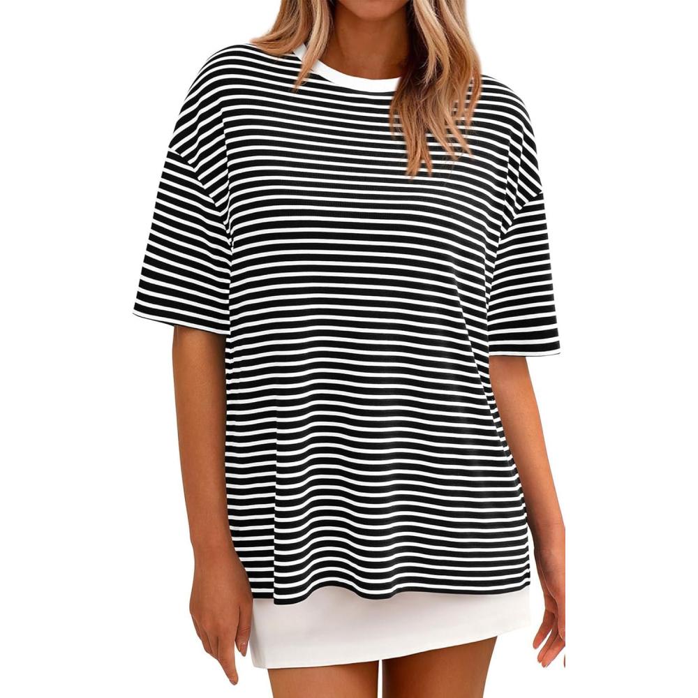 imagePRETTYGARDEN Womens Oversied Cute Tops Casual Striped Short Sleeve Shirt Women Trendy 2026 Spring Fashion Basic Tees BlouseBlack Striped