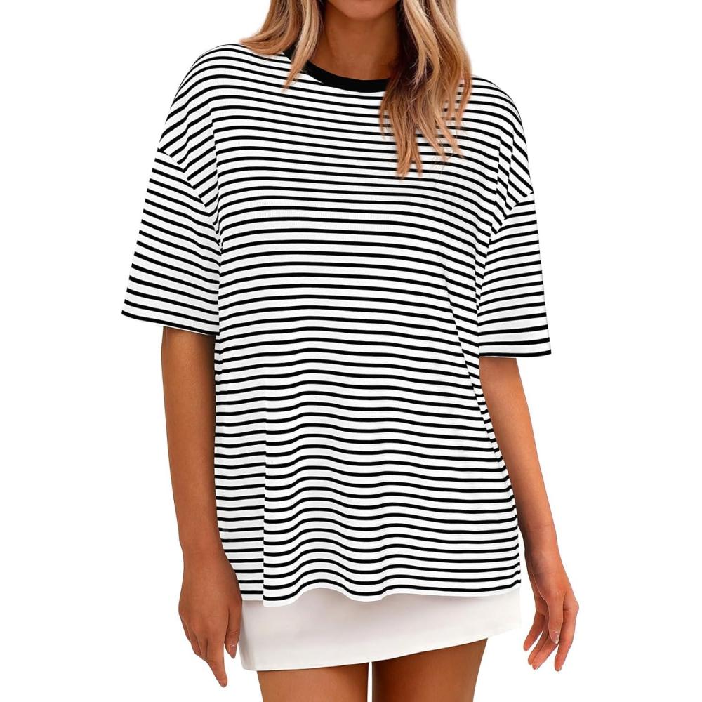 imagePRETTYGARDEN Womens Oversied Cute Tops Casual Striped Short Sleeve Shirt Women Trendy 2026 Spring Fashion Basic Tees BlouseWhite Striped