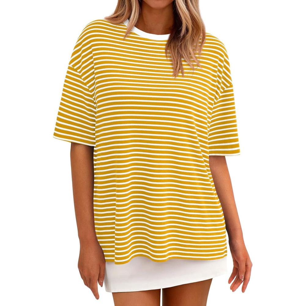 imagePRETTYGARDEN Womens Oversied Cute Tops Casual Striped Short Sleeve Shirt Women Trendy 2026 Spring Fashion Basic Tees BlouseYellow White Striped