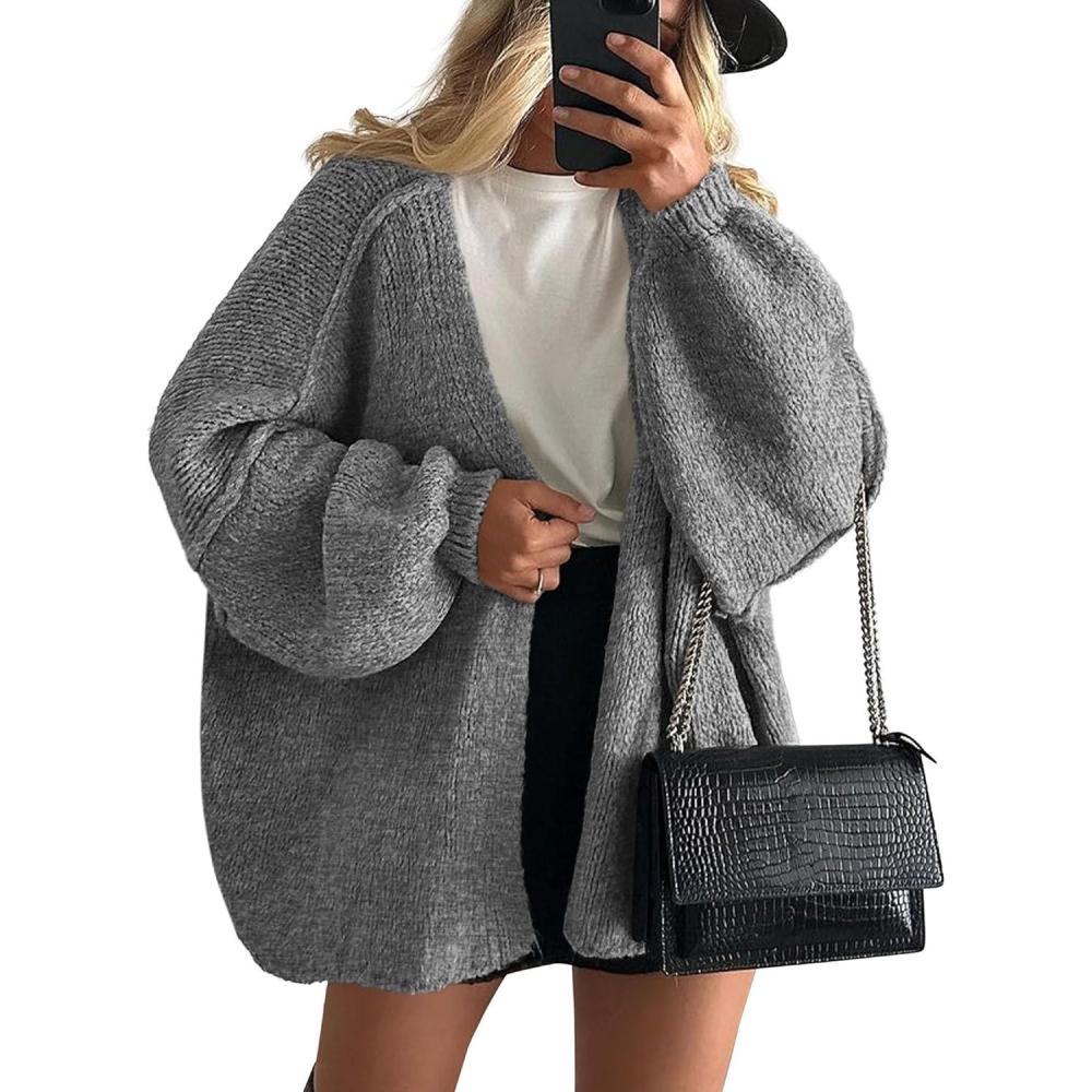 imagePRETTYGARDEN Womens Oversized Cardigan Sweaters 2026 Fall Long Lantern Sleeve Knit Open Front Lightweight SweaterGrey