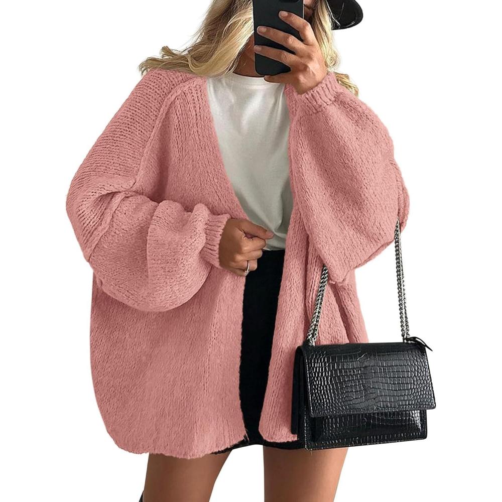 imagePRETTYGARDEN Womens Oversized Cardigan Sweaters 2026 Fall Long Lantern Sleeve Knit Open Front Lightweight SweaterLight Pink