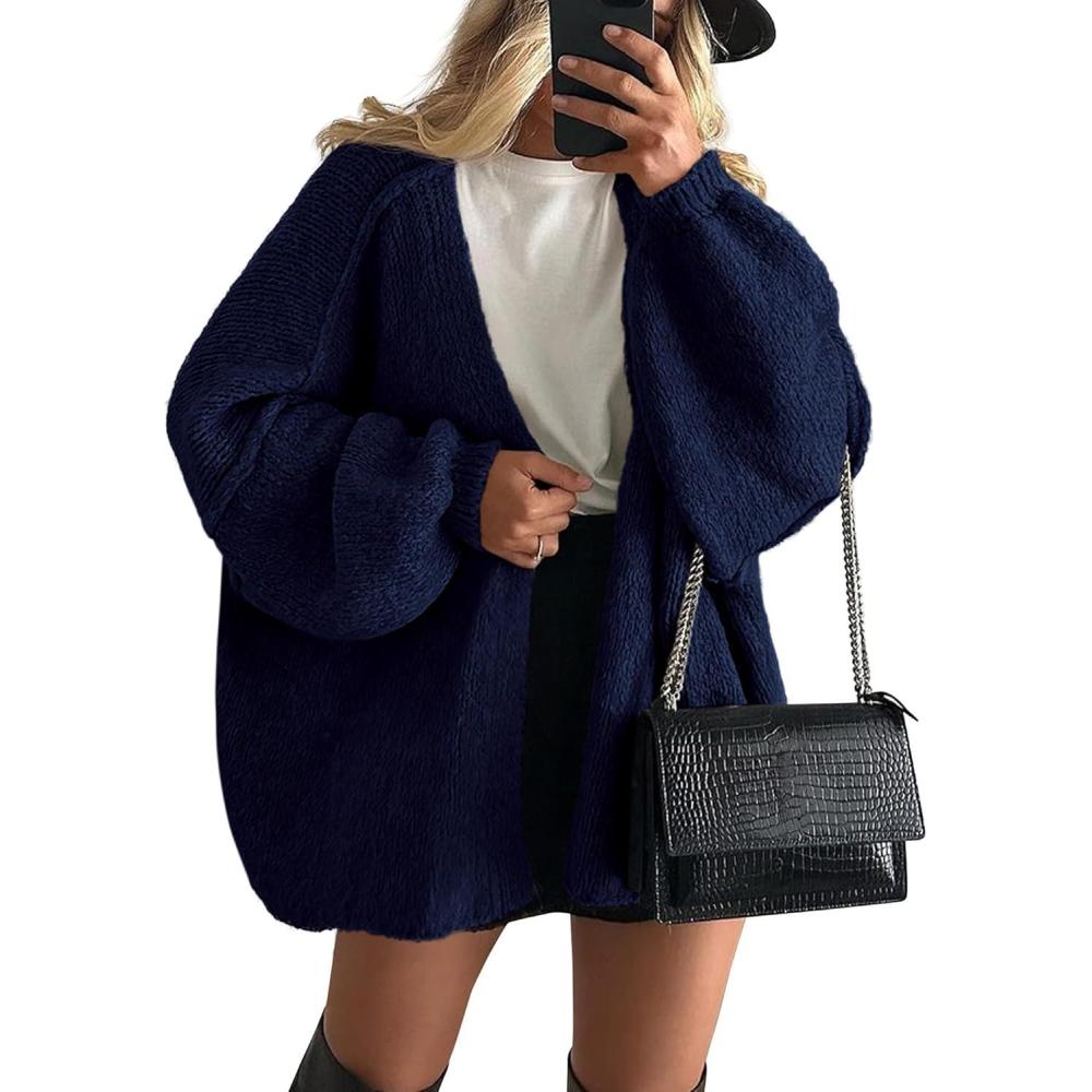 imagePRETTYGARDEN Womens Oversized Cardigan Sweaters 2026 Fall Long Lantern Sleeve Knit Open Front Lightweight SweaterNavy