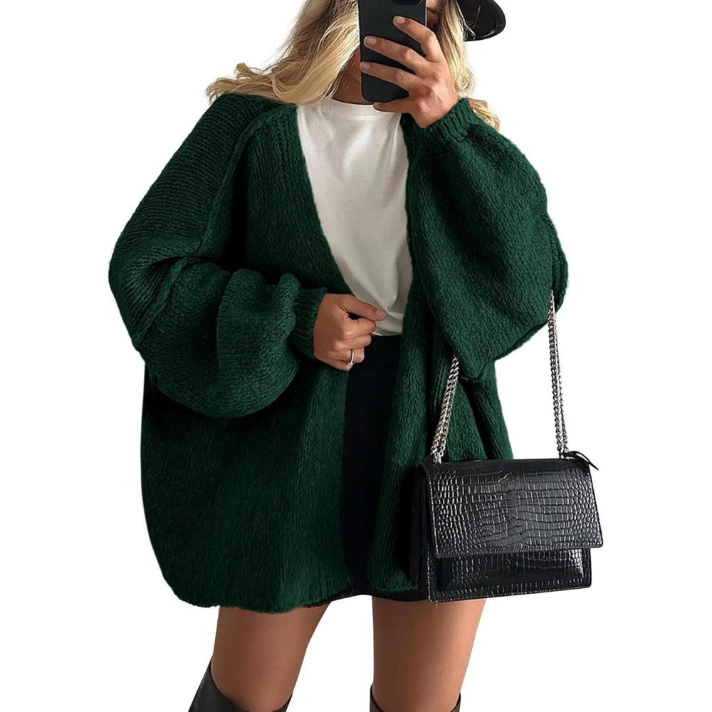 imagePRETTYGARDEN Womens Oversized Cardigan Sweaters 2026 Fall Long Lantern Sleeve Knit Open Front Lightweight SweaterSpinach Green