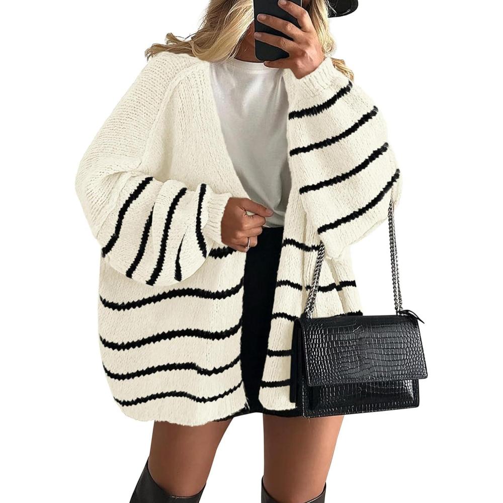 imagePRETTYGARDEN Womens Oversized Cardigan Sweaters 2026 Fall Long Lantern Sleeve Knit Open Front Lightweight SweaterStriped White Black