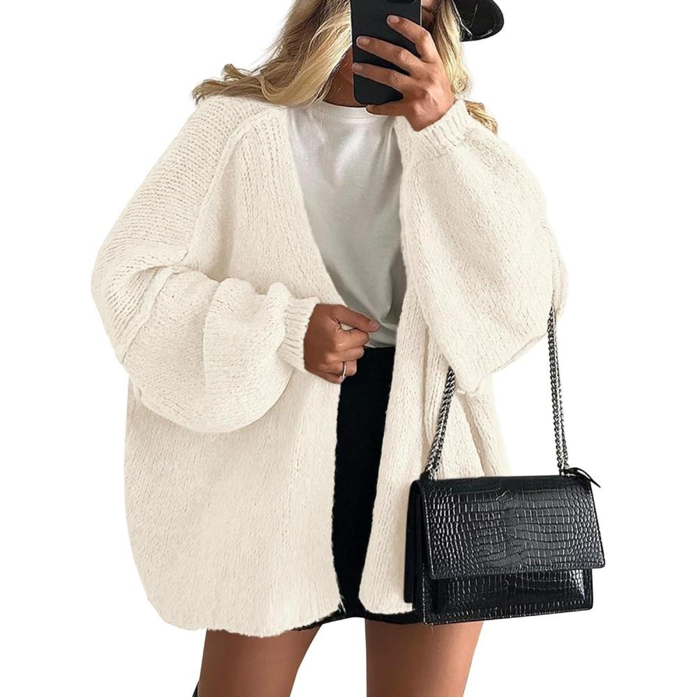 imagePRETTYGARDEN Womens Oversized Cardigan Sweaters 2026 Fall Long Lantern Sleeve Knit Open Front Lightweight SweaterWhite