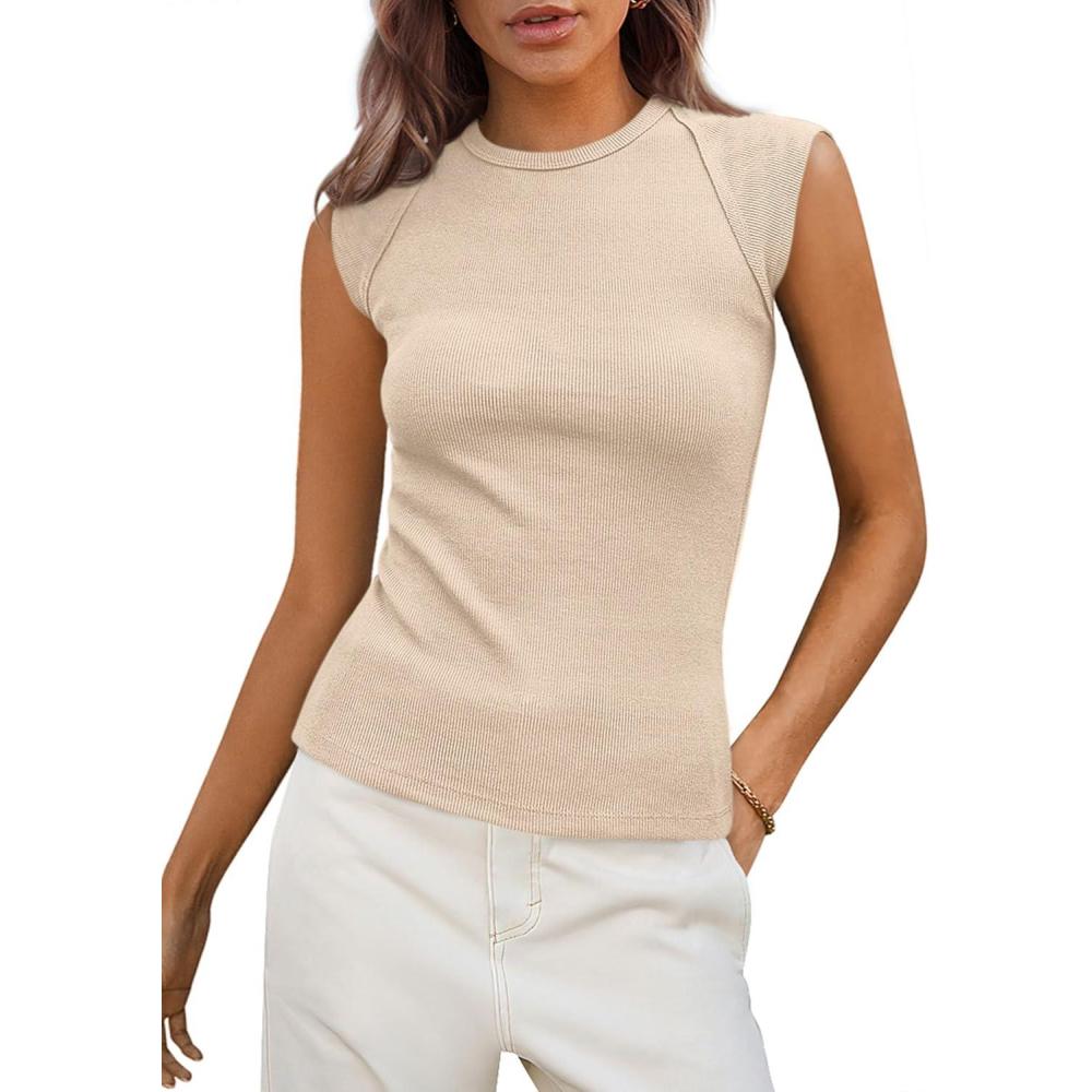 imagePRETTYGARDEN Womens Ribbed Tank Tops 2026 Summer Cap Sleeve Slim Fitted Knit Basic Casual Tee Shirts Trendy Fashion ClothesBeige
