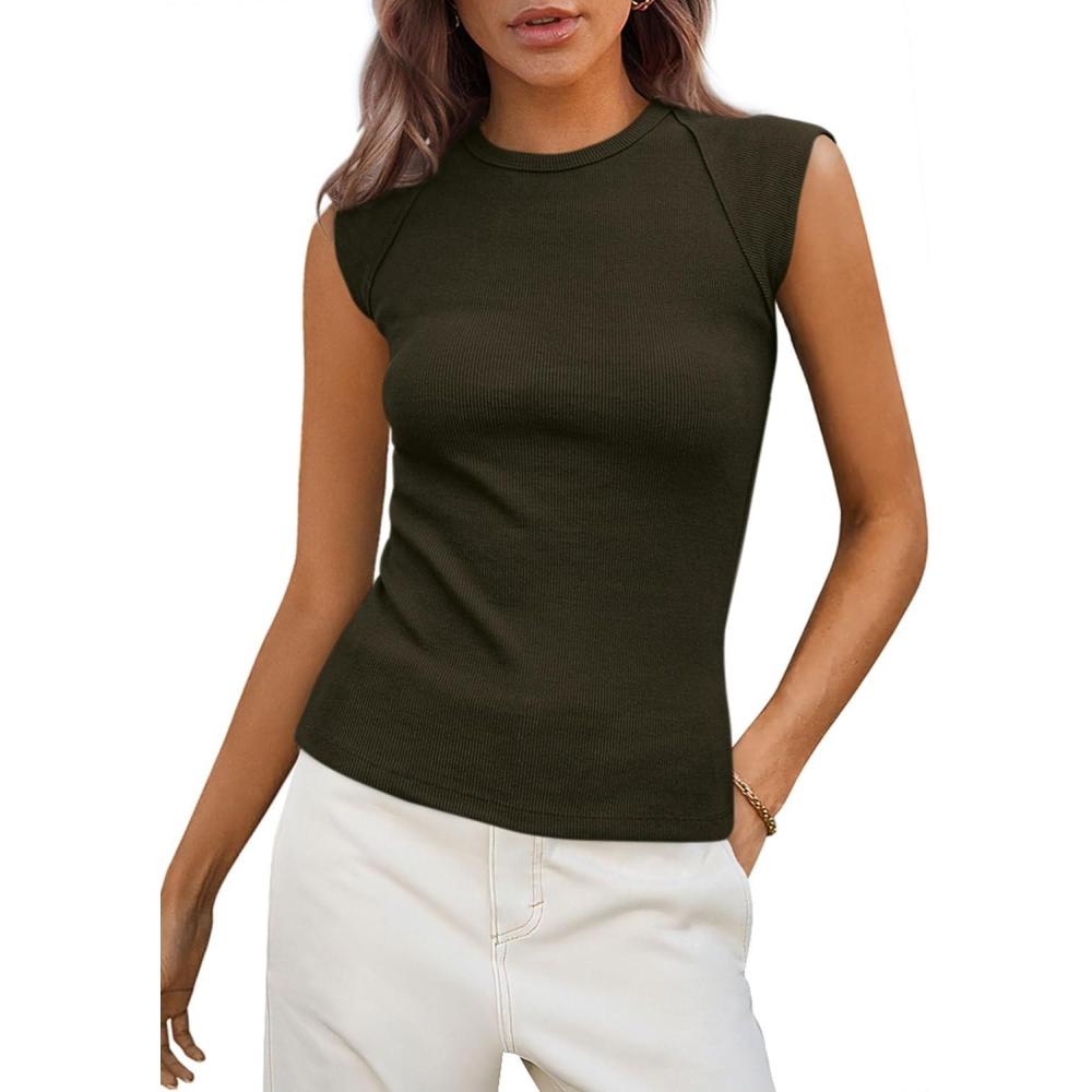 imagePRETTYGARDEN Womens Ribbed Tank Tops 2026 Summer Cap Sleeve Slim Fitted Knit Basic Casual Tee Shirts Trendy Fashion ClothesDark Army Green