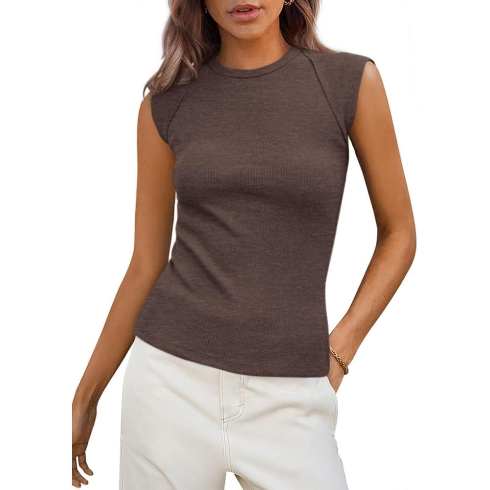 imagePRETTYGARDEN Womens Ribbed Tank Tops 2026 Summer Cap Sleeve Slim Fitted Knit Basic Casual Tee Shirts Trendy Fashion ClothesDark Coffee