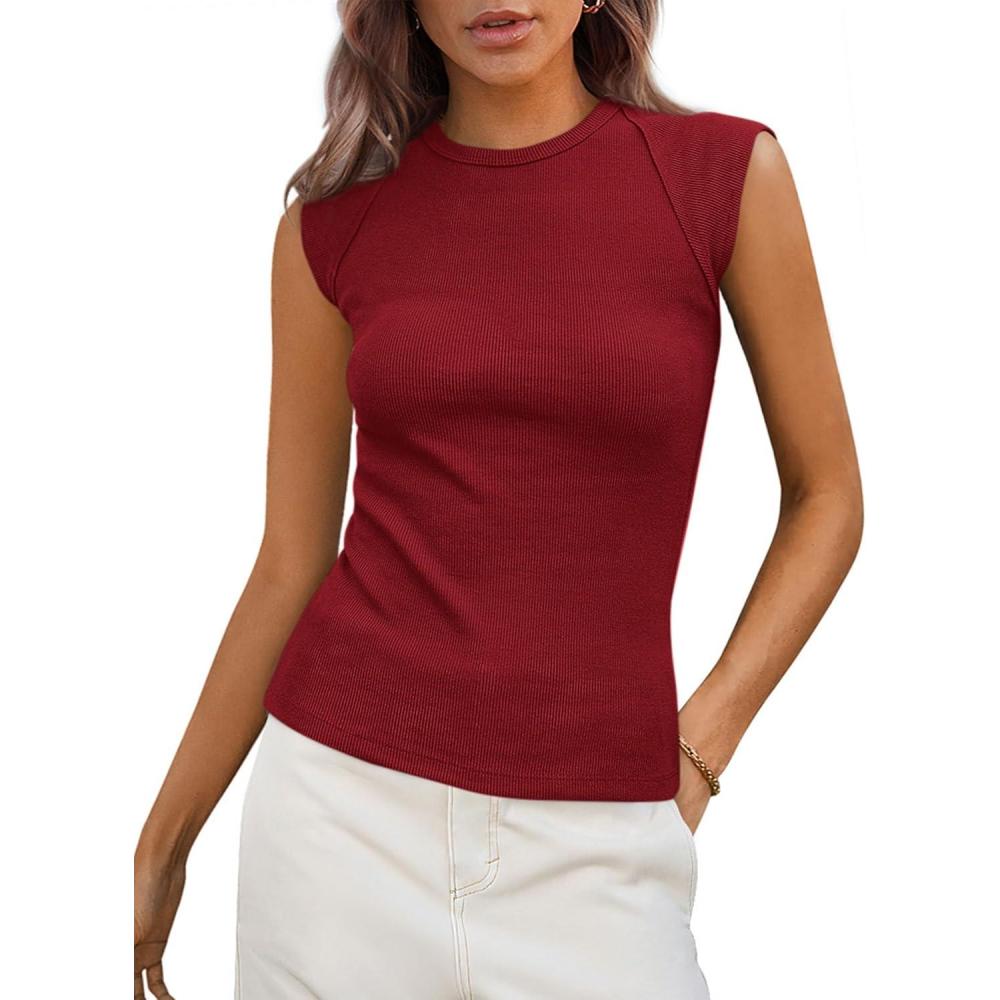 imagePRETTYGARDEN Womens Ribbed Tank Tops 2026 Summer Cap Sleeve Slim Fitted Knit Basic Casual Tee Shirts Trendy Fashion ClothesWine Red