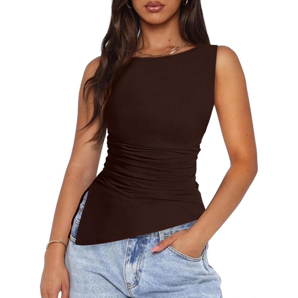 imagePRETTYGARDEN Womens Ruched Tank Tops 2026 Summer Sleeveless Slim Fit T Shirts Blouses Going Out Y2K Fashion ClothesBrown