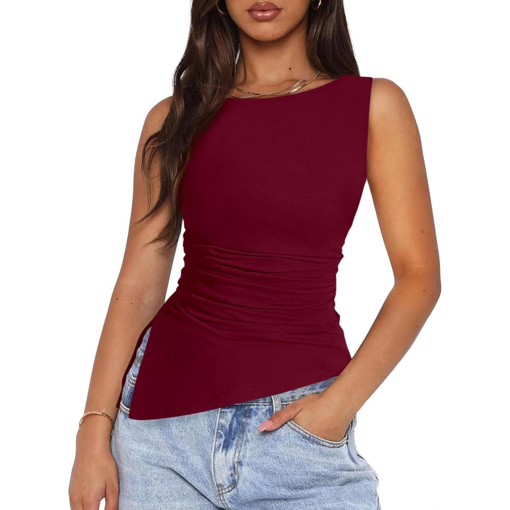 imagePRETTYGARDEN Womens Ruched Tank Tops 2026 Summer Sleeveless Slim Fit T Shirts Blouses Going Out Y2K Fashion ClothesBurgundy