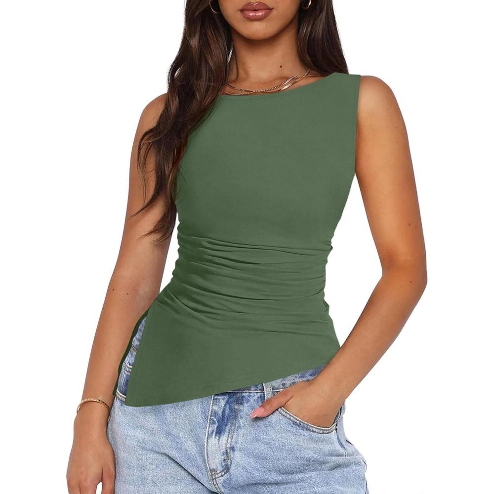 imagePRETTYGARDEN Womens Ruched Tank Tops 2026 Summer Sleeveless Slim Fit T Shirts Blouses Going Out Y2K Fashion ClothesSage Green