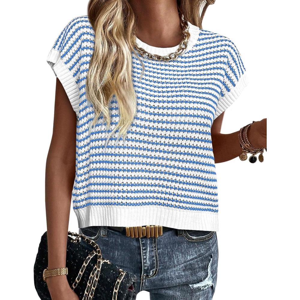 imagePRETTYGARDEN Womens Short Sleeve Sweater Spring Summer 2025 Round Neck Striped Pullover Cap Sleeve Knit Sweater Vest TopsBlue