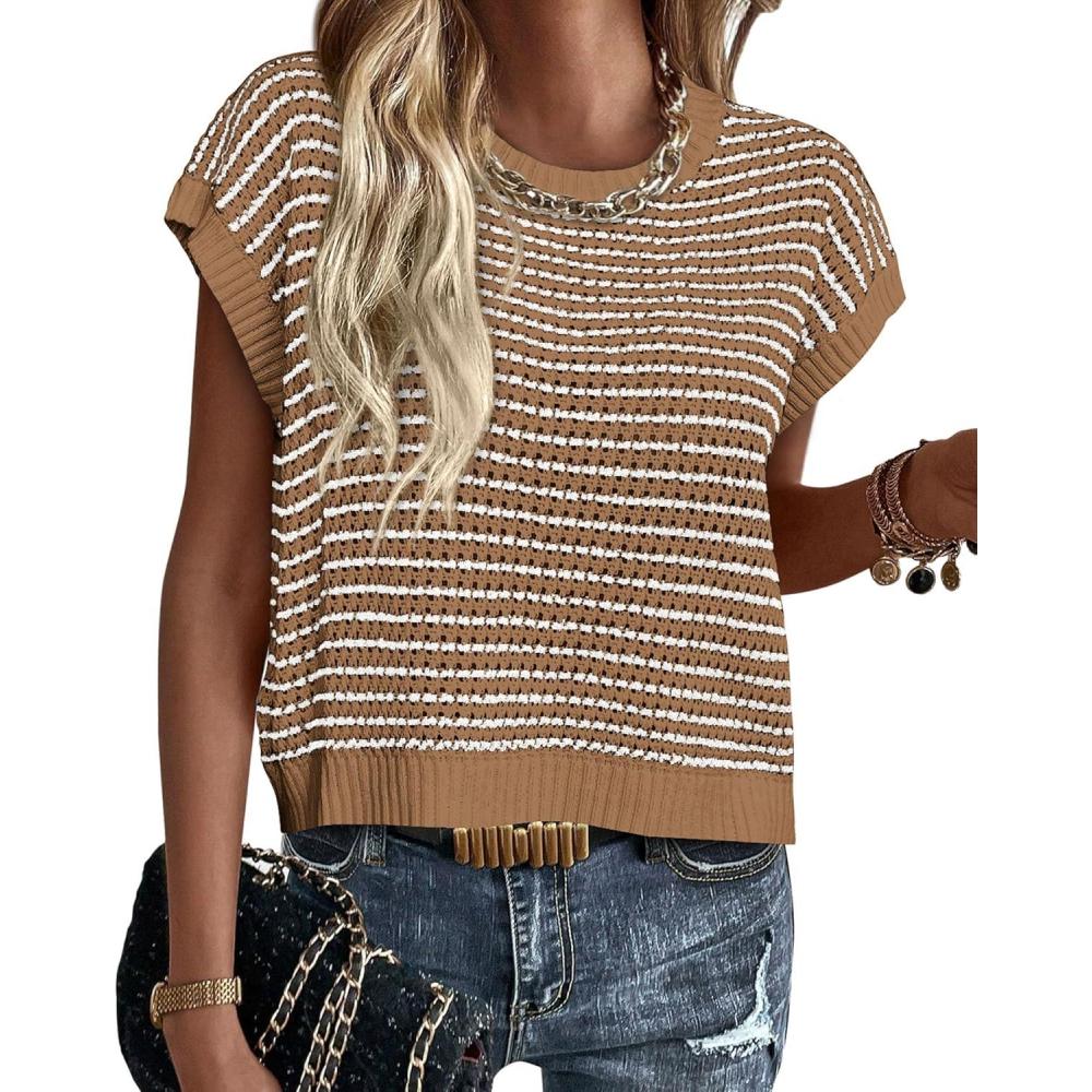 imagePRETTYGARDEN Womens Short Sleeve Sweater Spring Summer 2025 Round Neck Striped Pullover Cap Sleeve Knit Sweater Vest TopsDark Khaki
