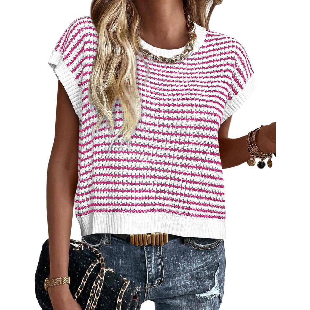 imagePRETTYGARDEN Womens Short Sleeve Sweater Spring Summer 2025 Round Neck Striped Pullover Cap Sleeve Knit Sweater Vest TopsRose Red