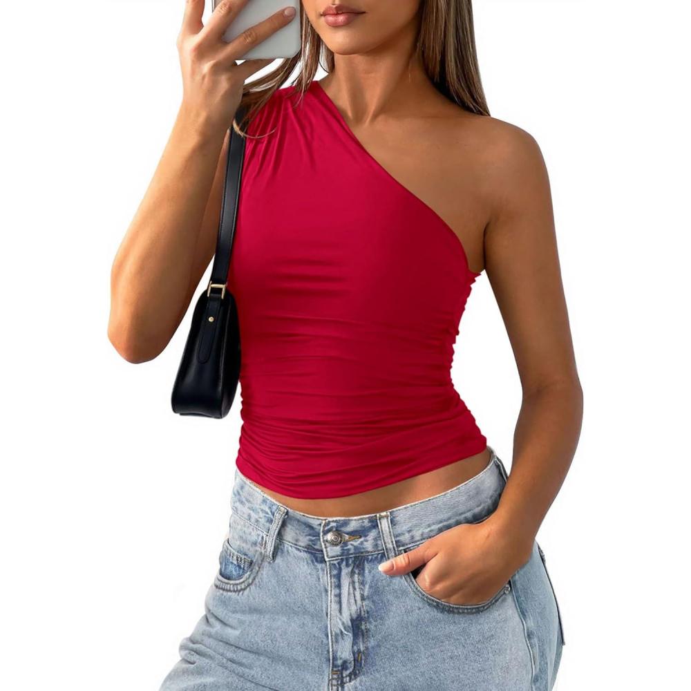 imagePRETTYGARDEN Womens Sleeveless One Shoulder Tank Top Ruched Slim Fit Shirts Basic Crop Y2k Tops 2026 Spring Fashion ClothingRed