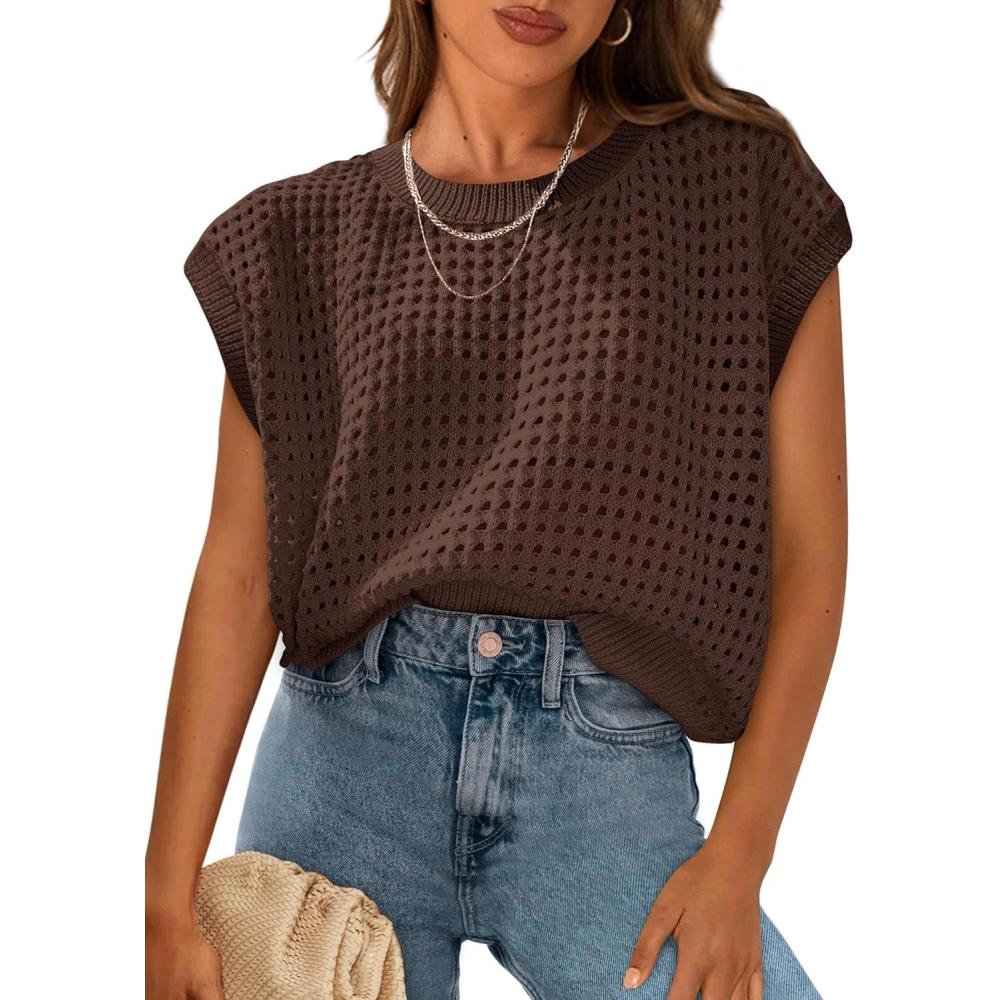 imagePRETTYGARDEN Womens Spring Tops 2026 Summer Shirts Crochet Cap Sleeve Sweater Pullover Cute Beach Vacation ClothesCoffee