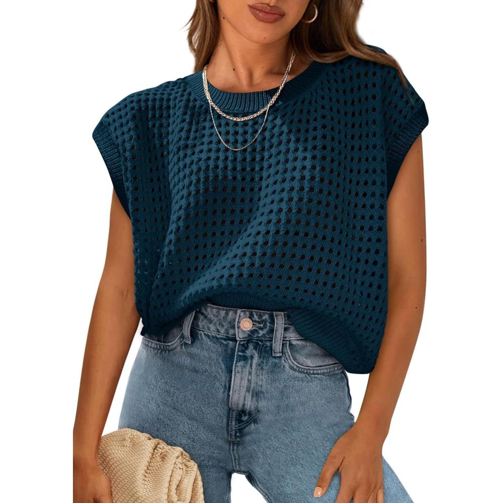 imagePRETTYGARDEN Womens Spring Tops 2026 Summer Shirts Crochet Cap Sleeve Sweater Pullover Cute Beach Vacation ClothesDark Blue