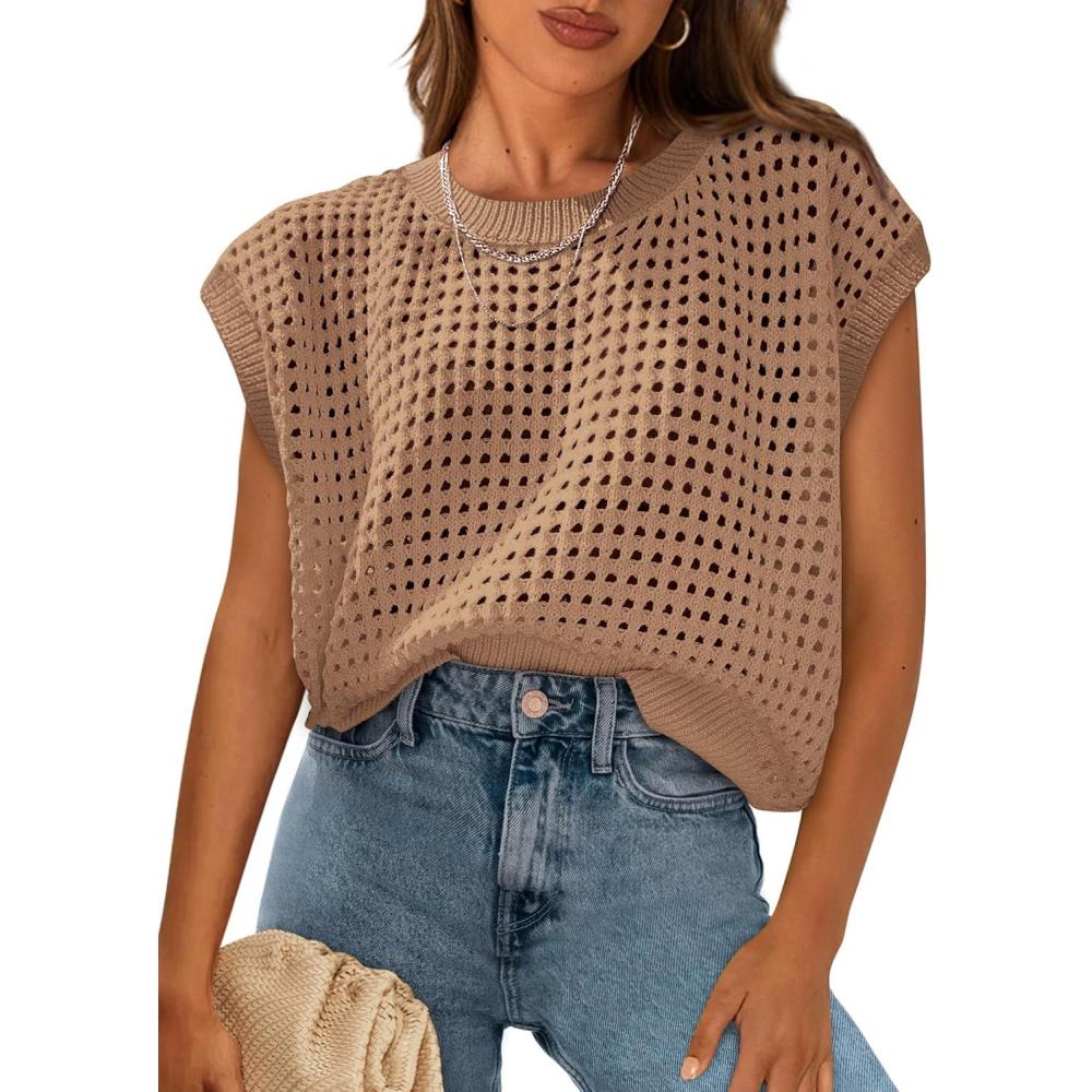 imagePRETTYGARDEN Womens Spring Tops 2026 Summer Shirts Crochet Cap Sleeve Sweater Pullover Cute Beach Vacation ClothesKhaki