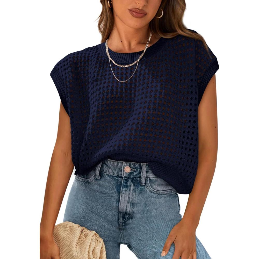 imagePRETTYGARDEN Womens Spring Tops 2026 Summer Shirts Crochet Cap Sleeve Sweater Pullover Cute Beach Vacation ClothesNavy