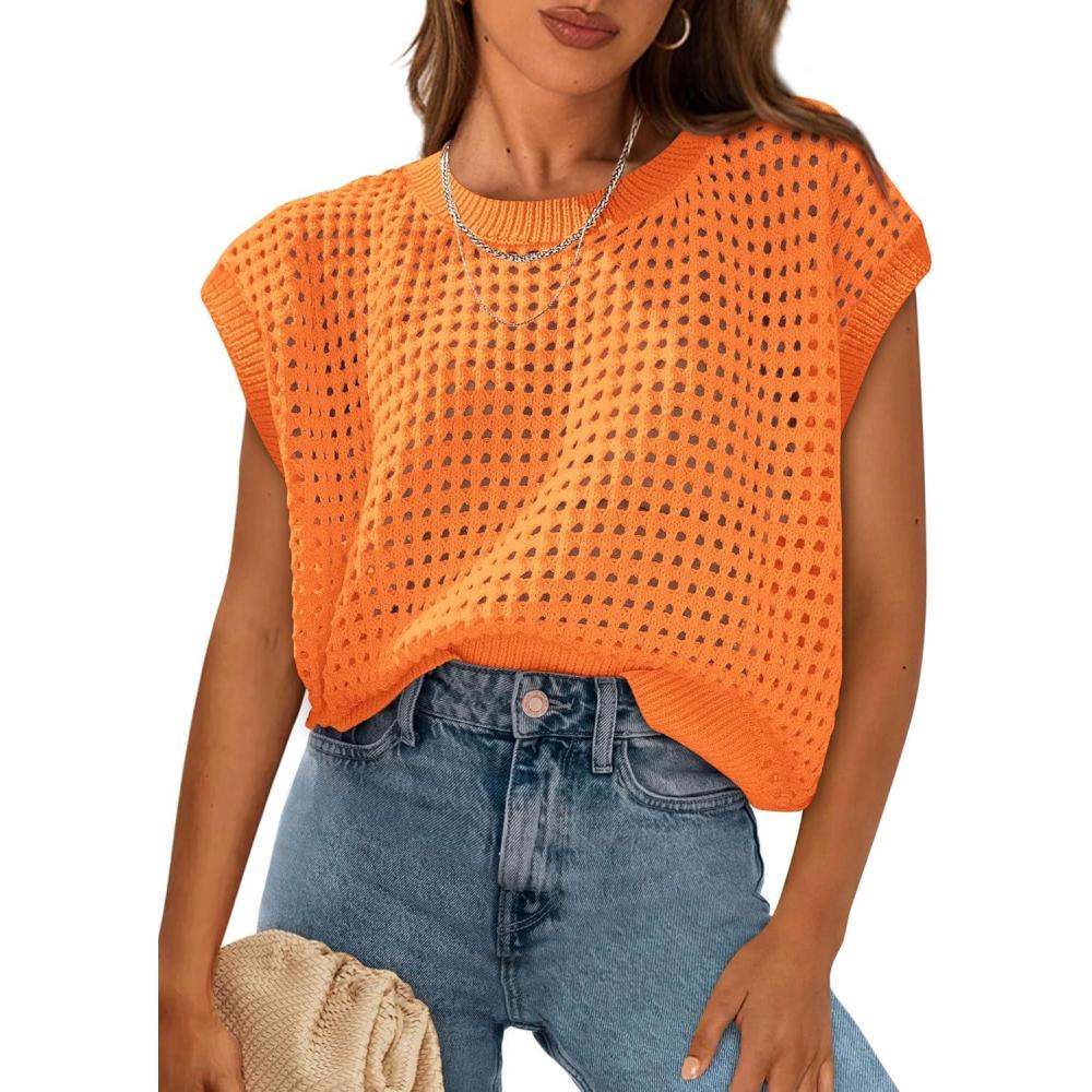 imagePRETTYGARDEN Womens Spring Tops 2026 Summer Shirts Crochet Cap Sleeve Sweater Pullover Cute Beach Vacation ClothesOrange