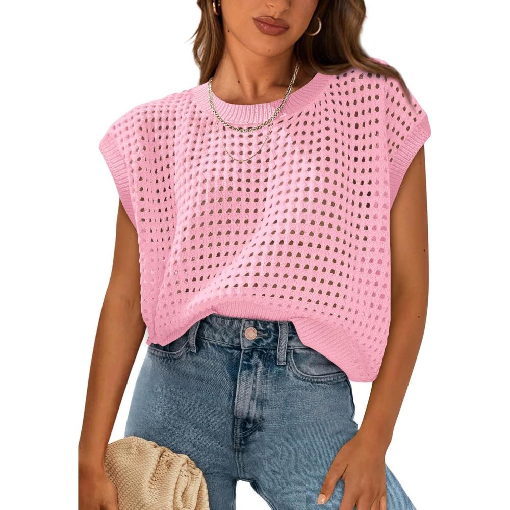 imagePRETTYGARDEN Womens Spring Tops 2026 Summer Shirts Crochet Cap Sleeve Sweater Pullover Cute Beach Vacation ClothesPink